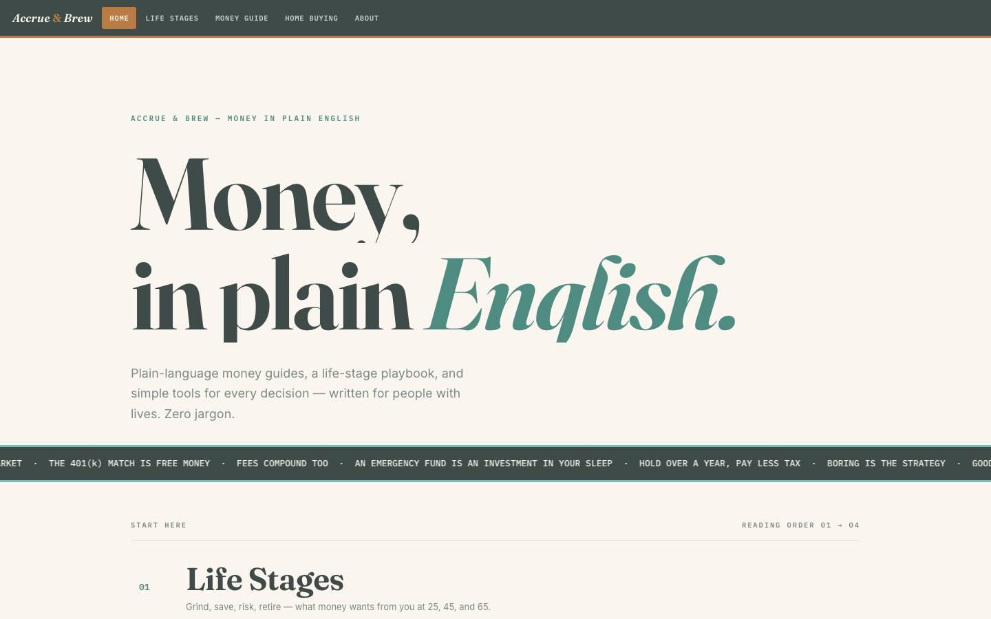Accrue & Brew home page: Money, in plain English.