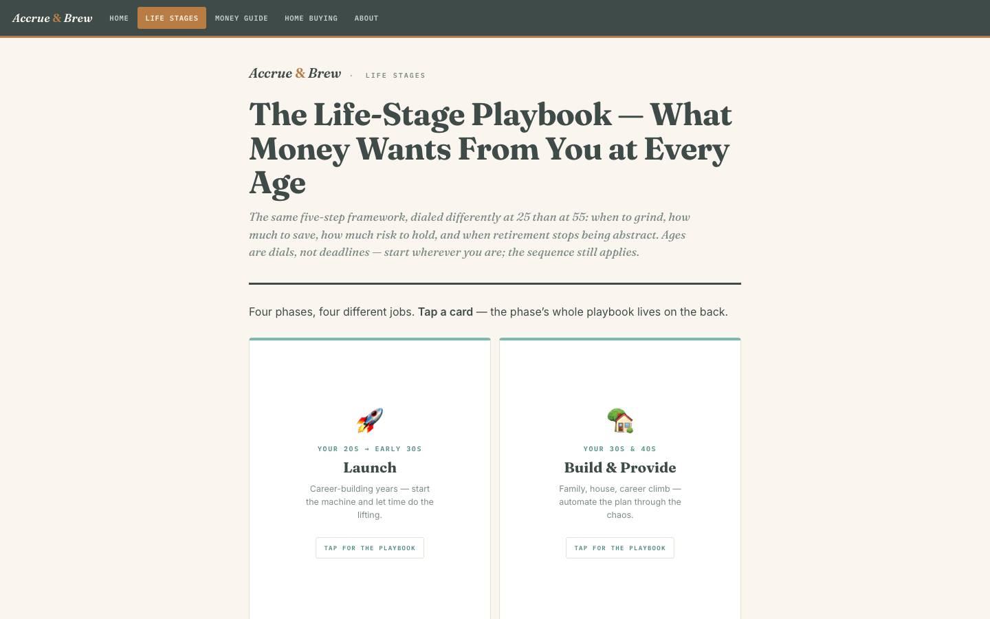 Accrue & Brew Life-Stage Playbook page.